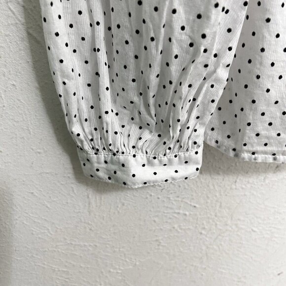 MADEWELL Women’s Mock Neck Ruffle Top in Flocked Dot White Black Polka Dot Sz S - Picture 6 of 11